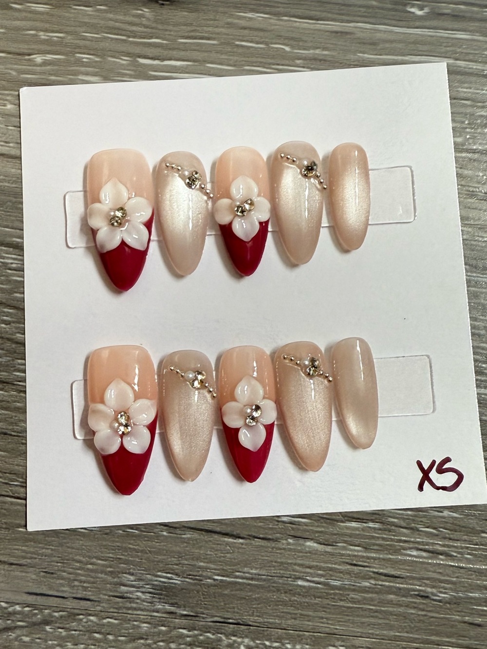 Pearl Nude & Deep Red Floral Press-On Nails with Rhinestones